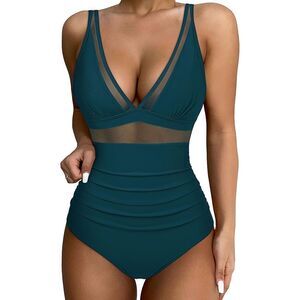 Women’s teal small one piece swimsuit Sexy Mesh Tummy Control Push Up High Waist